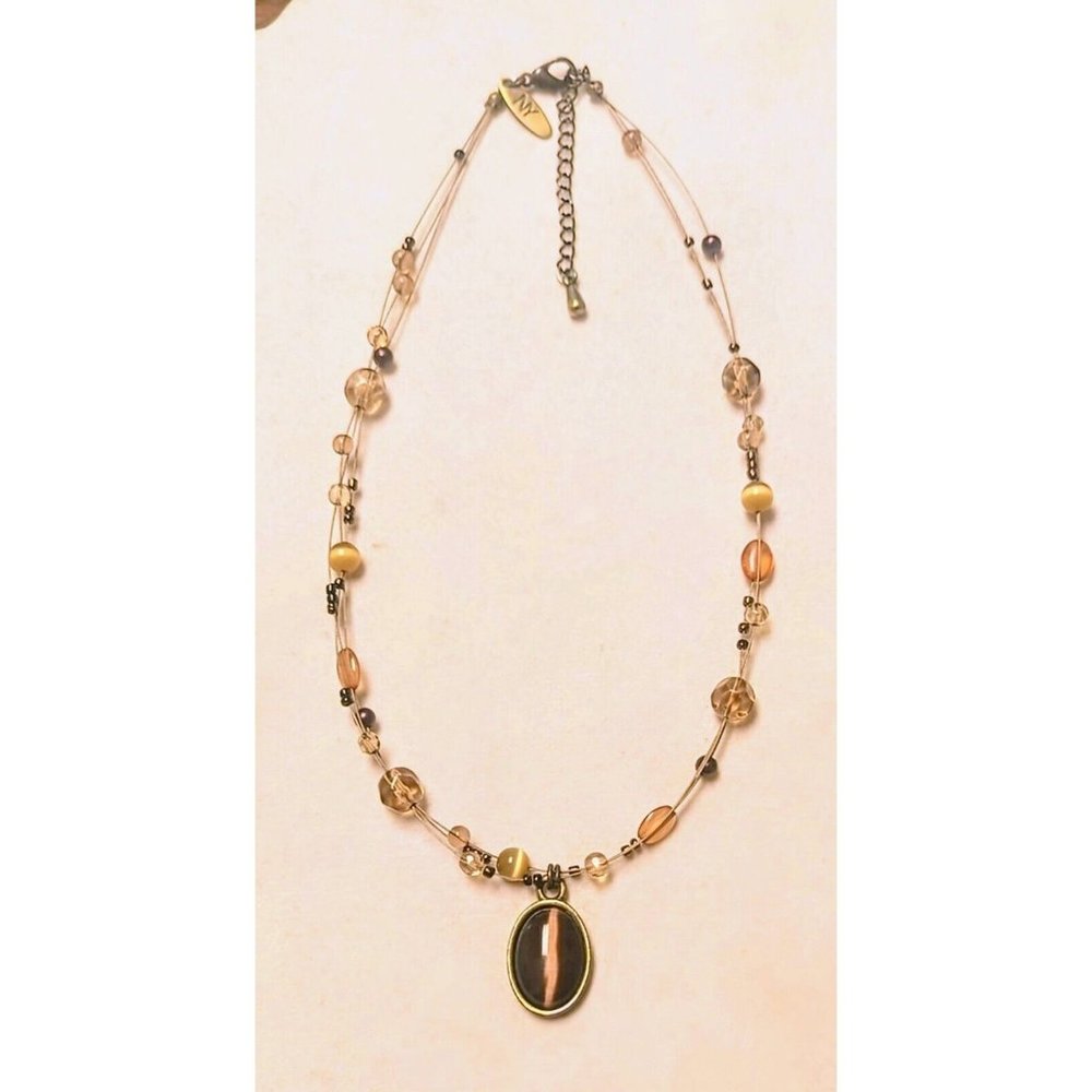 Lovely NY Tigers Eye Pendant Beaded Necklace Brown Tones Fall 18" - Picture 3 of 7